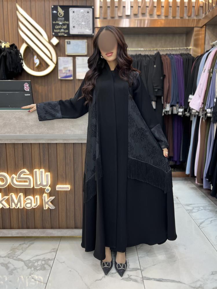 B415 عبايه سدن قصه كلوش شغل ناعم اسود بقماش كريب صيفي كوري