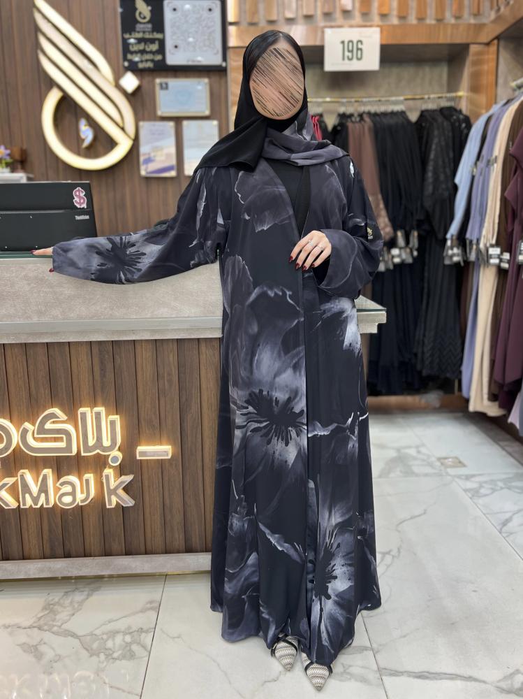 B397 عبايه دانيا دبل فيس قصه كلوش مع بطانه اسود بقماش شيفون طباعه ليزر