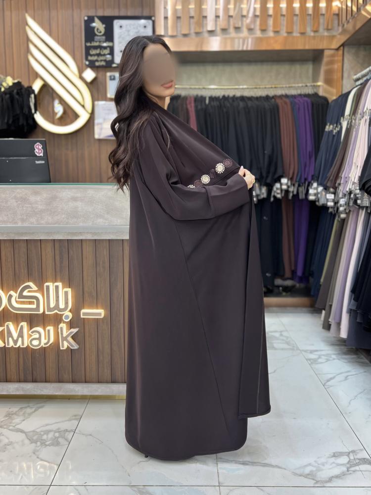 B458 عباية جيهان بني نص كلوش قماش كوبرا بتطريز