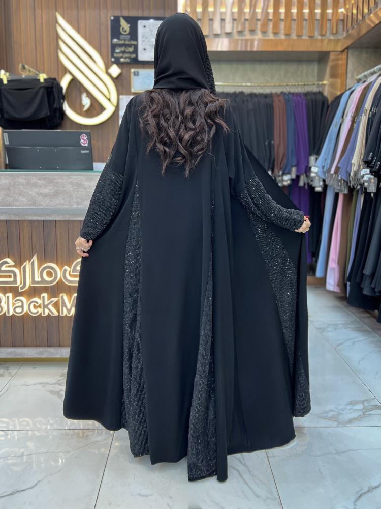 B419 عبايه بيرلا قصه كلوش شغل ترتر اسود بقماش كوبراء كوري