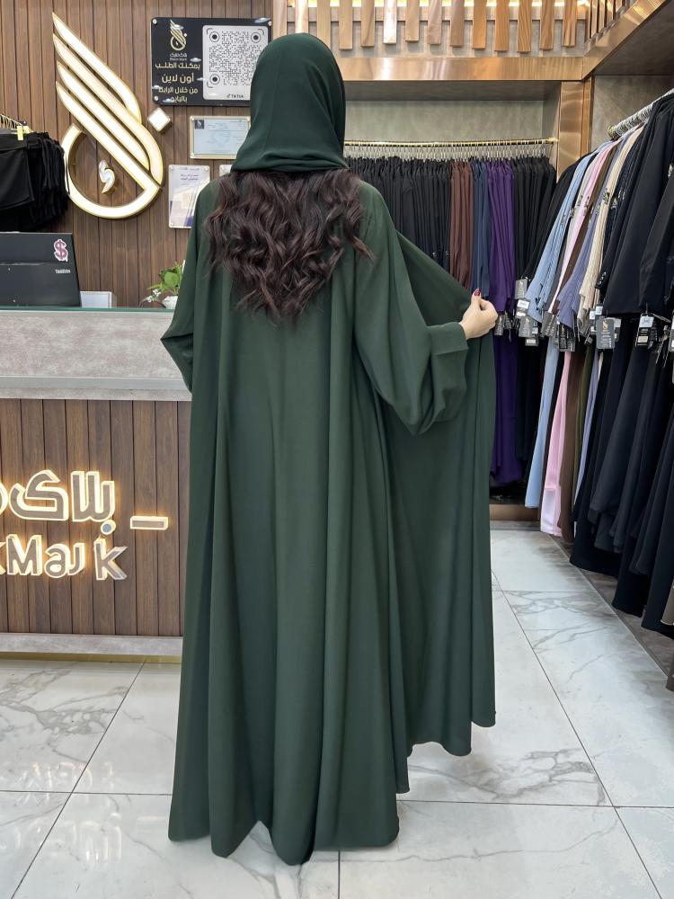 00285 عباية دبل كلوش ساده بقماش كريب كوري لون زيتي