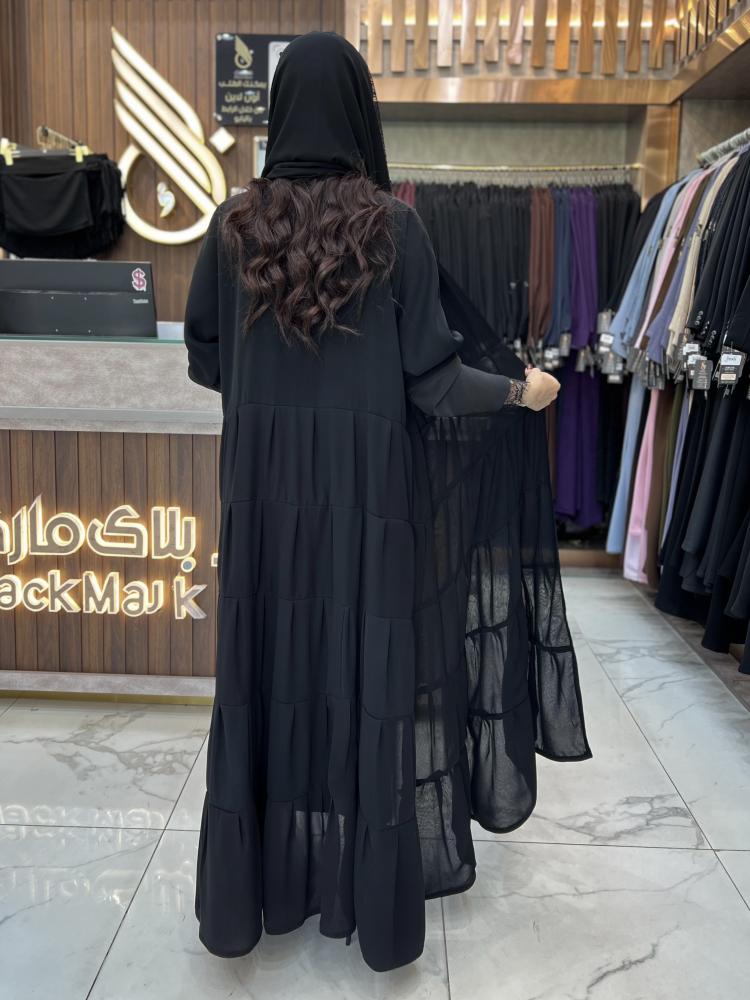 B411 عبايه جودي قصه دبل كلوش طبقات كسرات لون اسود