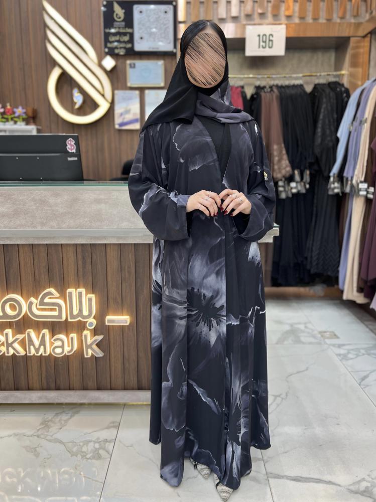 B397 عبايه دانيا دبل فيس قصه كلوش مع بطانه اسود بقماش شيفون طباعه ليزر