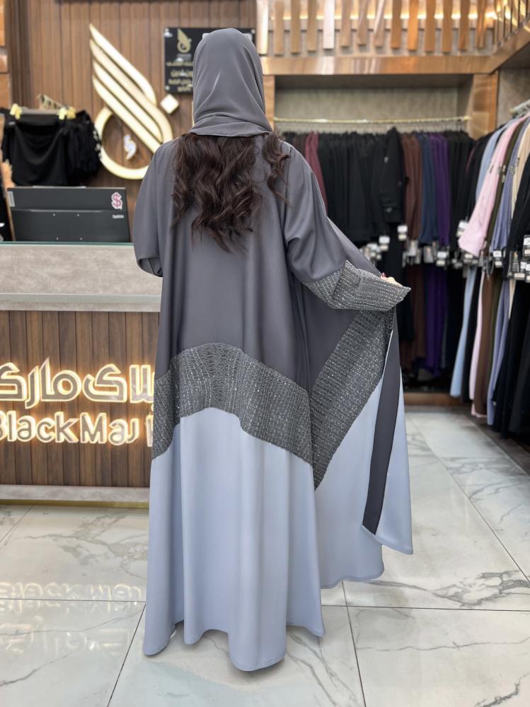 B404 عبايه نالا  رمادي قصه كلوش بقماش كريب كوري