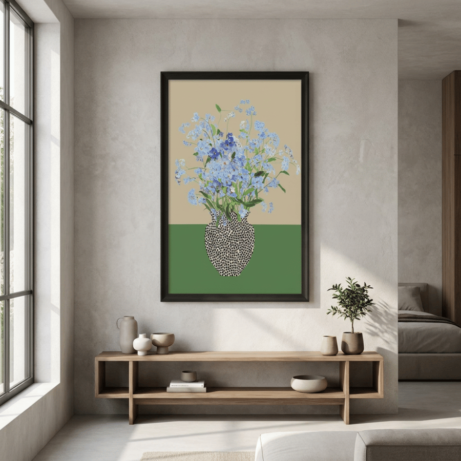 لوحة جدارية زهور زرقاء بإطار أسود 80×120 سم