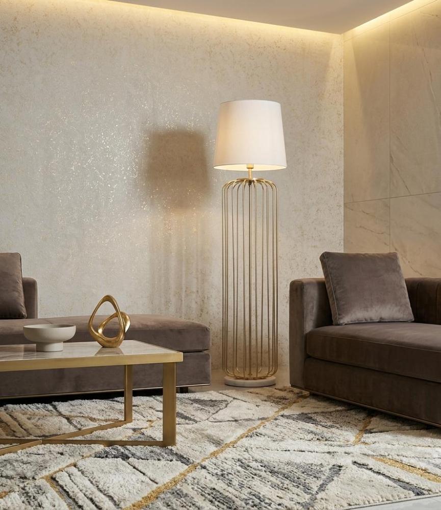 مصباح أرضي ذهبي شامبين بقاعدة بيضاء وتصميم عصري أنيق للديكور الداخلي