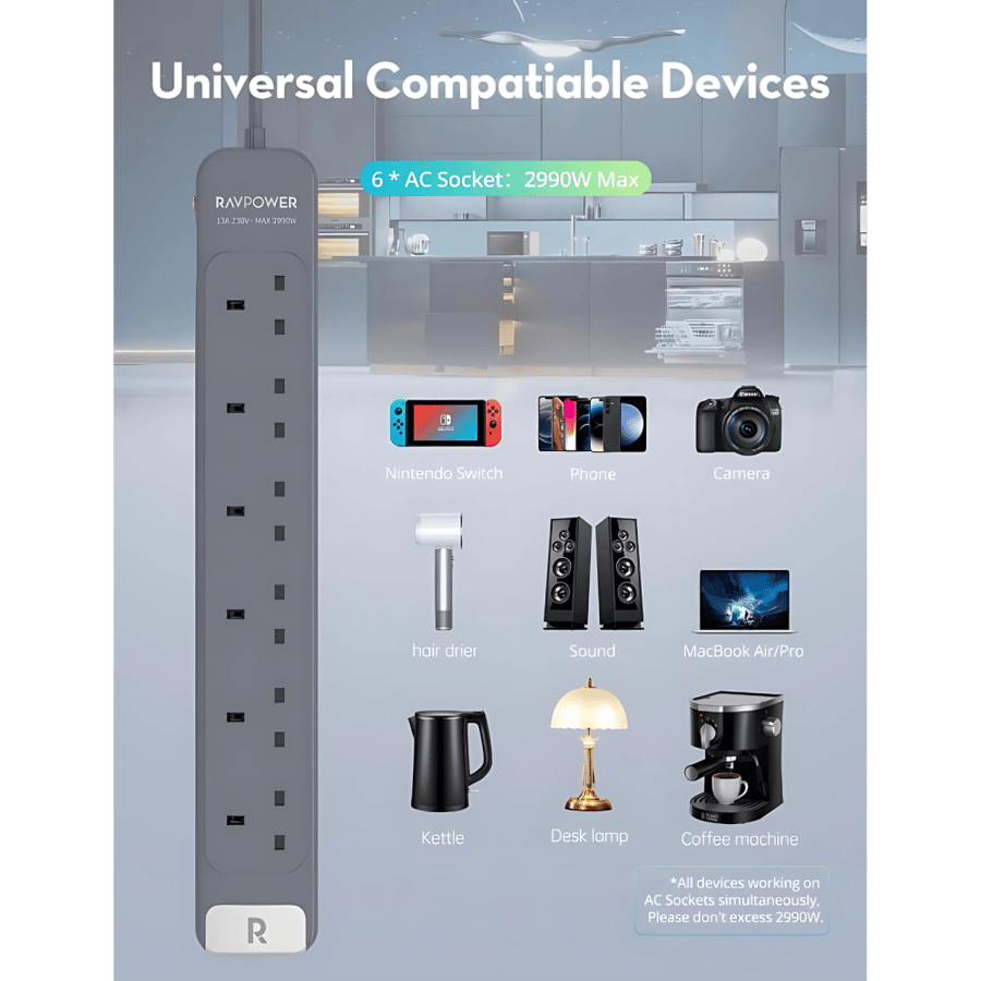 راف باور - توصيلة 6 منافذ بقوة 2990 واط رمادي