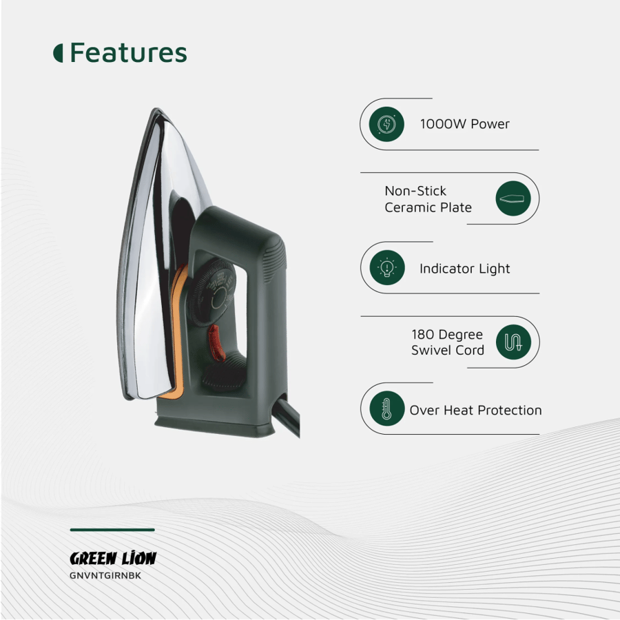 مكواة 1000 واط من غرين ليون Green Lion Vintage Iron 1000w Black & Silver