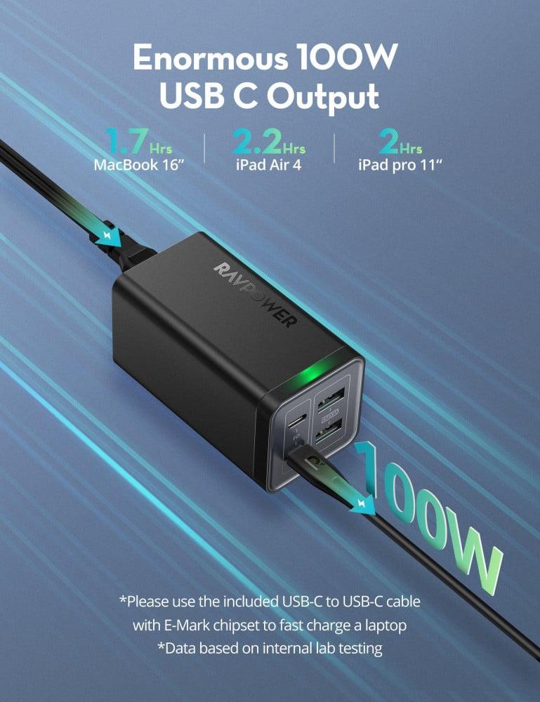منصة شحن راف باور بقوة 120 واط بمنفذين USB ومنفذين تايب سي مع كيبل تايب سي تايب سي