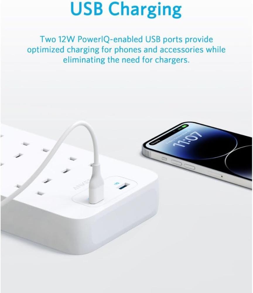 انكر - توصيلة بـ8 منافذ طاقة مع منفذين USB-A بطول 1.8 متر - ابيض