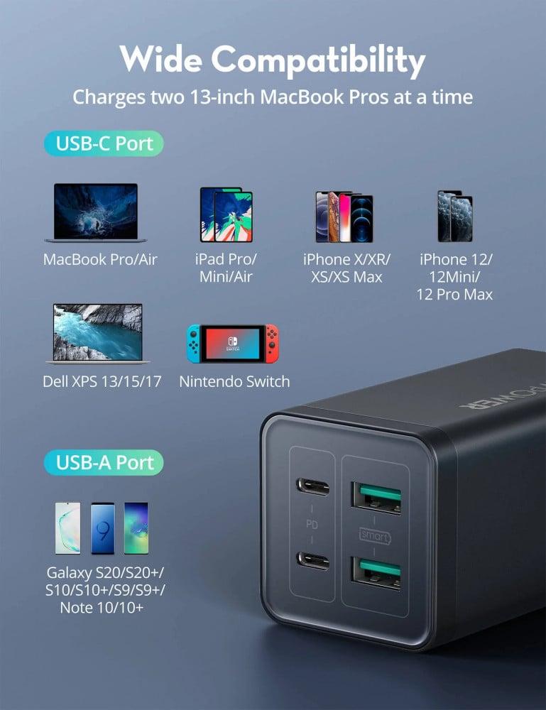 منصة شحن راف باور بقوة 120 واط بمنفذين USB ومنفذين تايب سي مع كيبل تايب سي تايب سي