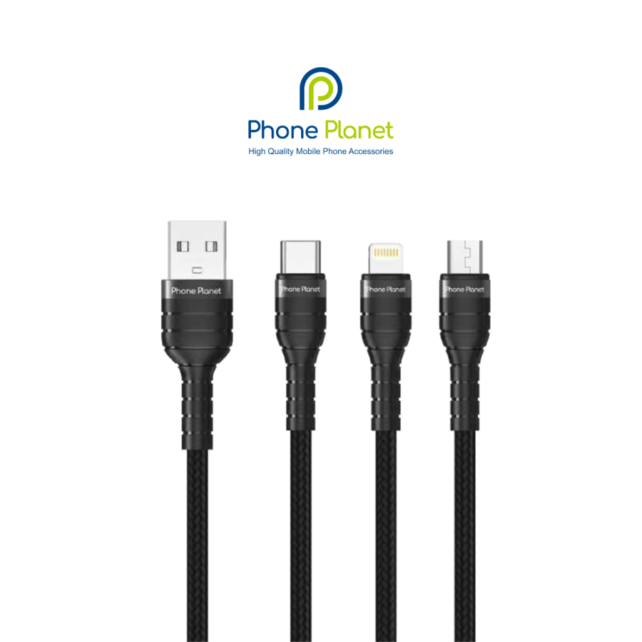 كابل شحن بثلاثة منافذ (Type-C، Lightning، Micro USB)