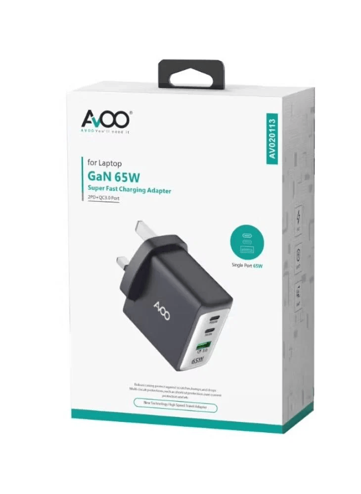شاحن أفو GaN بقوة 65 واط (3 منافذ) PD و USB شحن ذكي