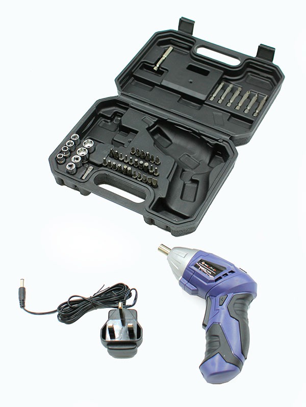 Drill for unscrewing and tightening, with a moving bag