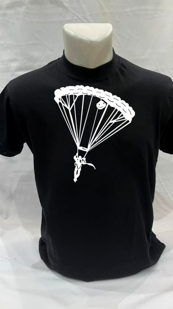 Black T-shirt with umbrella-shaped print in white on the chest