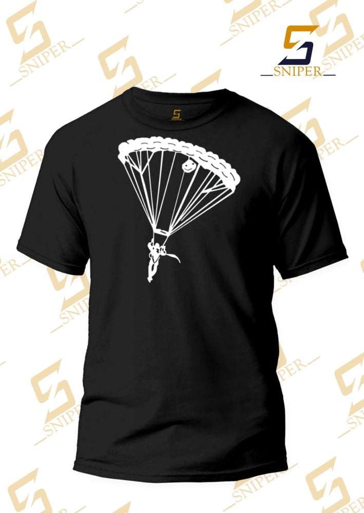 Black T-shirt with umbrella-shaped print in white on the chest