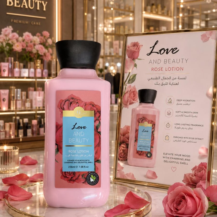 لوشن الحب والجمال بخلاصة الورد (Love & Beauty Rose Lotion) **دللي بشرتك بلمسة مخملية وعطر يأسر الحواس!** استعيدي حيوية بشرتك ونعومتها مع لوشن "Love AND BEAUTY" الغني بعبق الورد الساحر. تركيبة فريدة صُممت خصيصاً لتمنحك ترطيباً عميقاً يدوم طويلاً، مع إشراقة