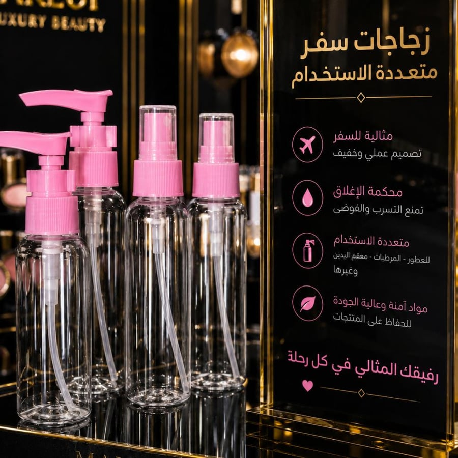زجاجات سفر متعددة الاستخدام – عملية وأنيقة لكل رحلة  استمتعي بتنظيم مستحضراتك المفضلة أثناء السفر مع زجاجات السفر متعددة الاستخدام. تتميز بتصميم خفيف وعملي يساعدك على حمل العطور، المعقمات، التونر، المرطبات والسوائل المختلفة بكل سهولة وأمان.