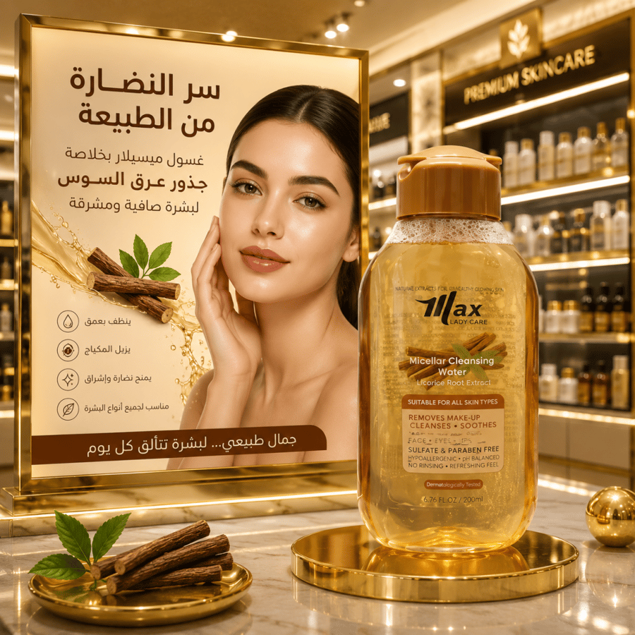 غسول وجه ب عرق السوس مياه ميسيلار لإزالة المكياج 100 ملي من Max Elegance تمنحك تنظيفاً عميقاً ولطيفاً في نفس الوقت، تزيل المكياج والشوائب بسهولة وتترك البشرة ناعمة ومنتعشة بدون حاجة لغسلها بالماء.