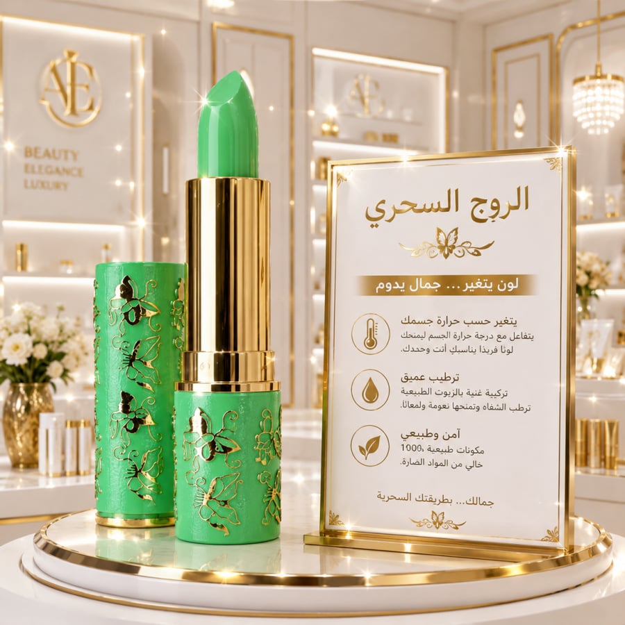 الروج السحري المتغير اللون – لمسة جمال تدوم طوال اليوم استمتعي بإطلالة طبيعية ومميزة مع الروج السحري الذي يتفاعل مع درجة حرارة الشفاه ليمنحك لونًا فريدًا يناسبك أنتِ فقط. تركيبته الناعمة تنساب بسهولة وتوفر ترطيبًا يدوم لساعات مع مظهر لامع وأنيق.