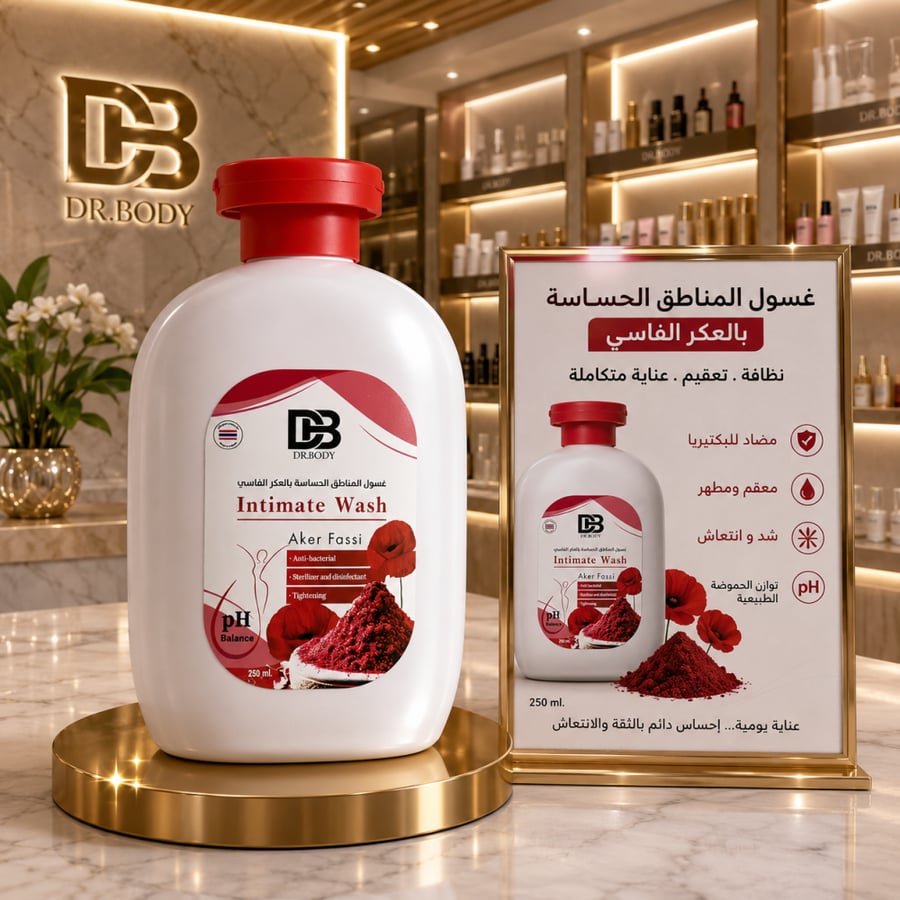 غسول المناطق الحساسة التيلاندي بالعكر الفاسي 250 ملي– Intimate Wash Aker Fassi استمتعي بعناية يومية تمنحك شعورًا بالنظافة والانتعاش مع غسول المناطق الحساسة بالعكر الفاسي من DR.BODY، بتركيبة لطيفة تساعد على تنظيف المنطقة الحساسة مع الحفاظ على توازن الحمو