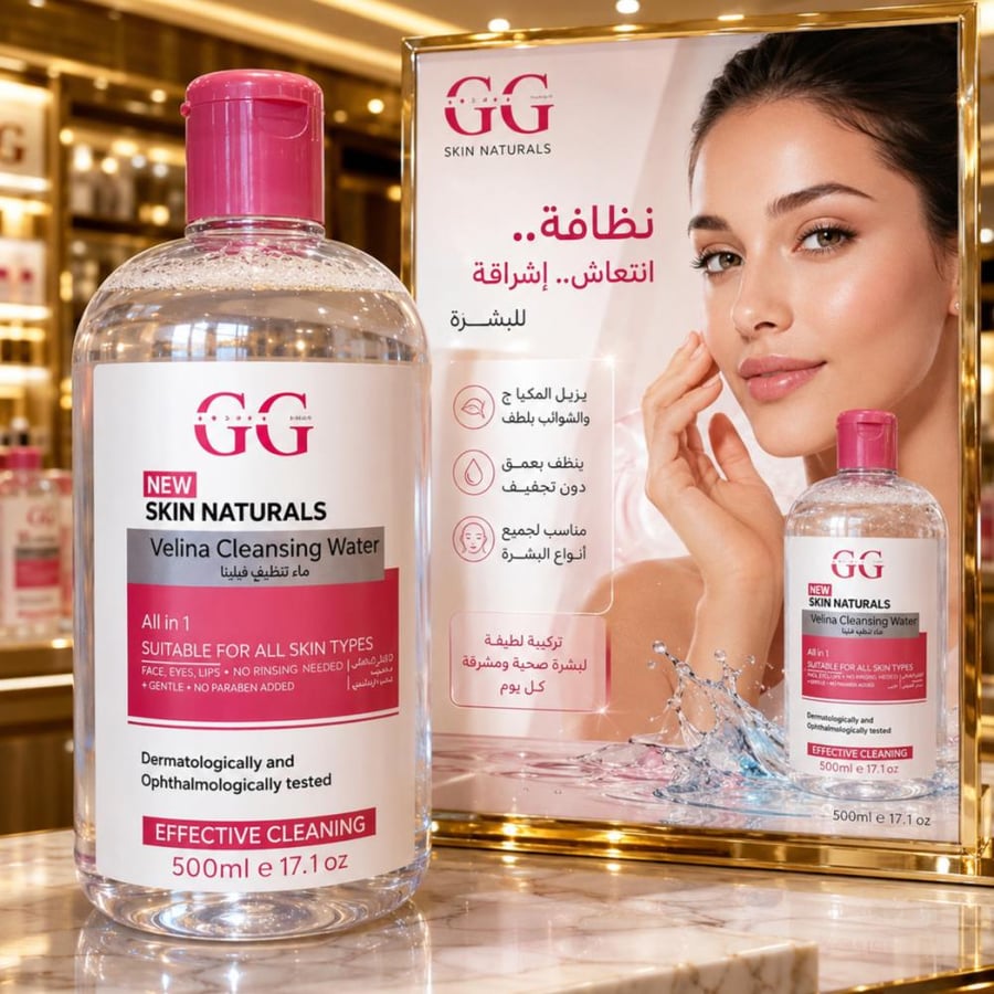 ماء تنظيف البشرة فيلينا من GG – إزالة مكياج وتنقية بلمسة واحدة   استمتعي ببشرة نظيفة، ناعمة ومشرقة مع Velina Cleansing Water المصمم لإزالة المكياج والشوائب بلطف وفعالية دون التسبب بجفاف البشرة. تركيبة خفيفة تعمل بتقنية التنظيف العميق لتمنحك إحساس الانتعاش