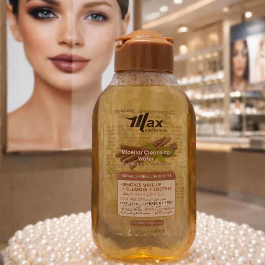 غسول وجه ب عرق السوس مياه ميسيلار لإزالة المكياج 100 ملي من Max Elegance تمنحك تنظيفاً عميقاً ولطيفاً في نفس الوقت، تزيل المكياج والشوائب بسهولة وتترك البشرة ناعمة ومنتعشة بدون حاجة لغسلها بالماء.