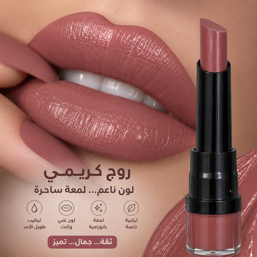 روج كريمي بلمسة أنثوية ساحرة رقم 7 امنحي شفتيك حضورًا يلفت الأنظار مع روج كريمي يجمع بين اللون الغني واللمسة الناعمة واللمعان الجذاب. ينساب بسهولة على الشفاه ليمنحها مظهرًا ممتلئًا ومتناسقًا، ويبرز جمالها بلمسة أنيقة تناسب إطلالاتك اليومية والمناسبات