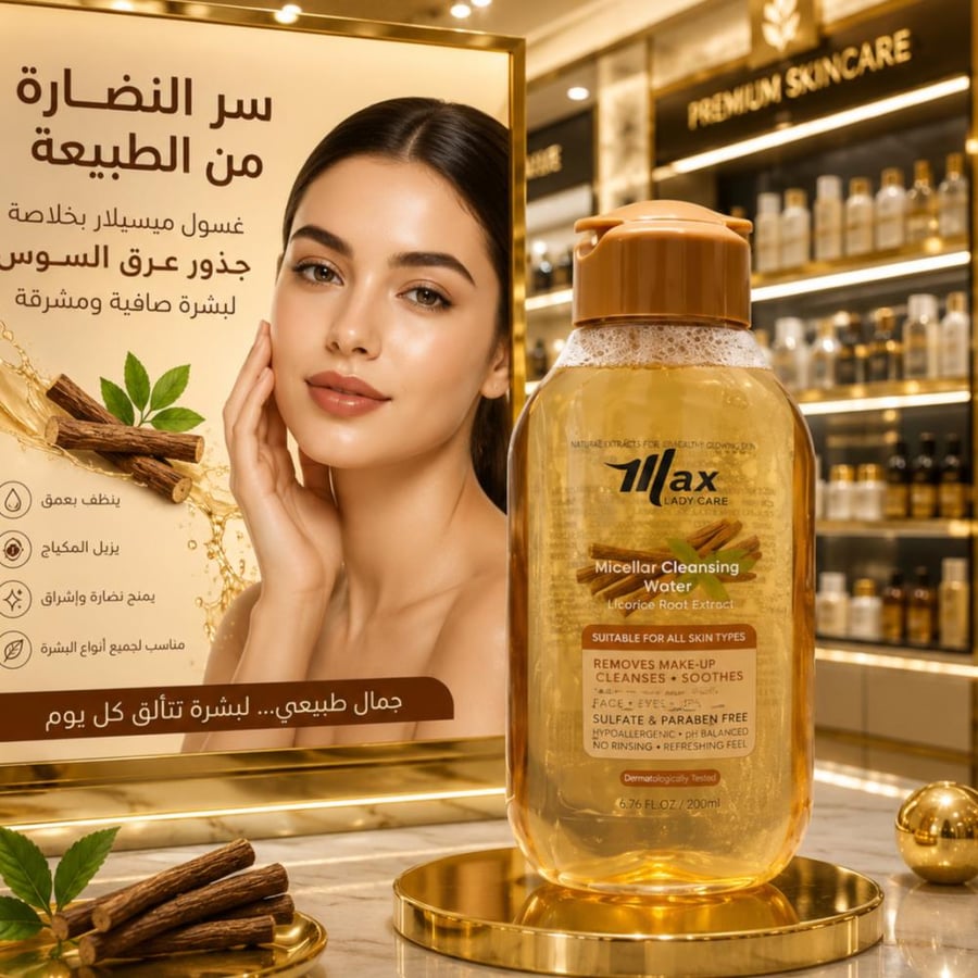 غسول وجه ب عرق السوس مياه ميسيلار لإزالة المكياج 100 ملي من Max Elegance تمنحك تنظيفاً عميقاً ولطيفاً في نفس الوقت، تزيل المكياج والشوائب بسهولة وتترك البشرة ناعمة ومنتعشة بدون حاجة لغسلها بالماء.