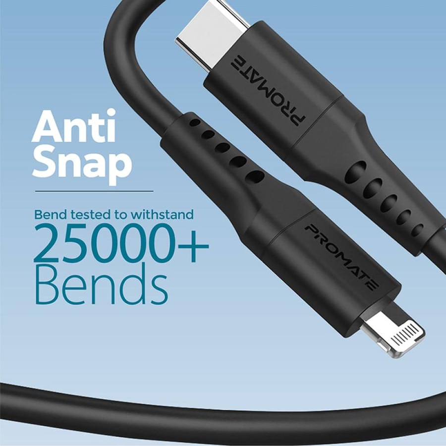 كابل شحن طاقة قوي بقوة 20 واط وتقنية USB-C إلى لايتينينغ لتجربة شحن لا مثيل لها. مصنوع من السيليكون بطول 2 متر، تم اختباره لتحمل عمر انحناء يزيد عن 25000 مما يضمن قوة ومتانة عالية . Promate PowerLink-200
