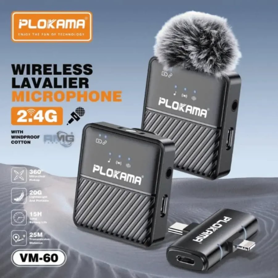 ميكروفون PLOKAMA VM-60 اللاسلكي - صوت نقي؛ خاصية تقليل الضوضاء؛ سهل الاستخدام للبث المباشر والتصوير مع بطارية 200 مللي أمبير