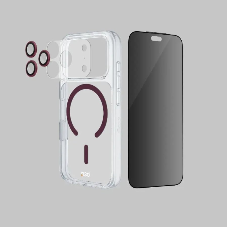 بكج ارمور برو اربعة في واحد ArmorPro D3O (حماية شاشة خصوصية + حماية كاميرا + كفر D3O MagSafe + لاصق عدسة) Dark Cherry لـ iPhone 18 Pro Max