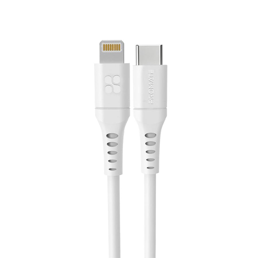 كابل شحن طاقة قوي بقوة 20 واط وتقنية USB-C إلى لايتينينغ لتجربة شحن لا مثيل لها. مصنوع من السيليكون بطول 2 متر، تم اختباره لتحمل عمر انحناء يزيد عن 25000 مما يضمن قوة ومتانة عالية . Promate PowerLink-200