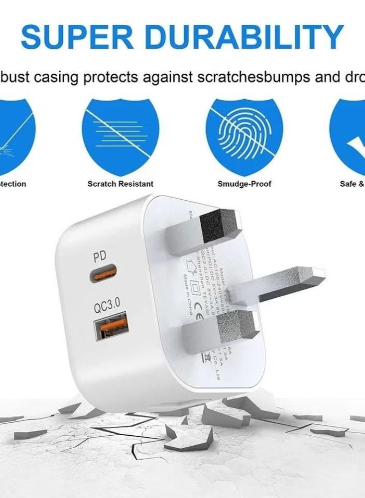 شاحن USB مزدوج المنافذ بقدرة 20 واط ومحول من النوع C (1A1C) لشحن سريع عبر مقبس الحائط