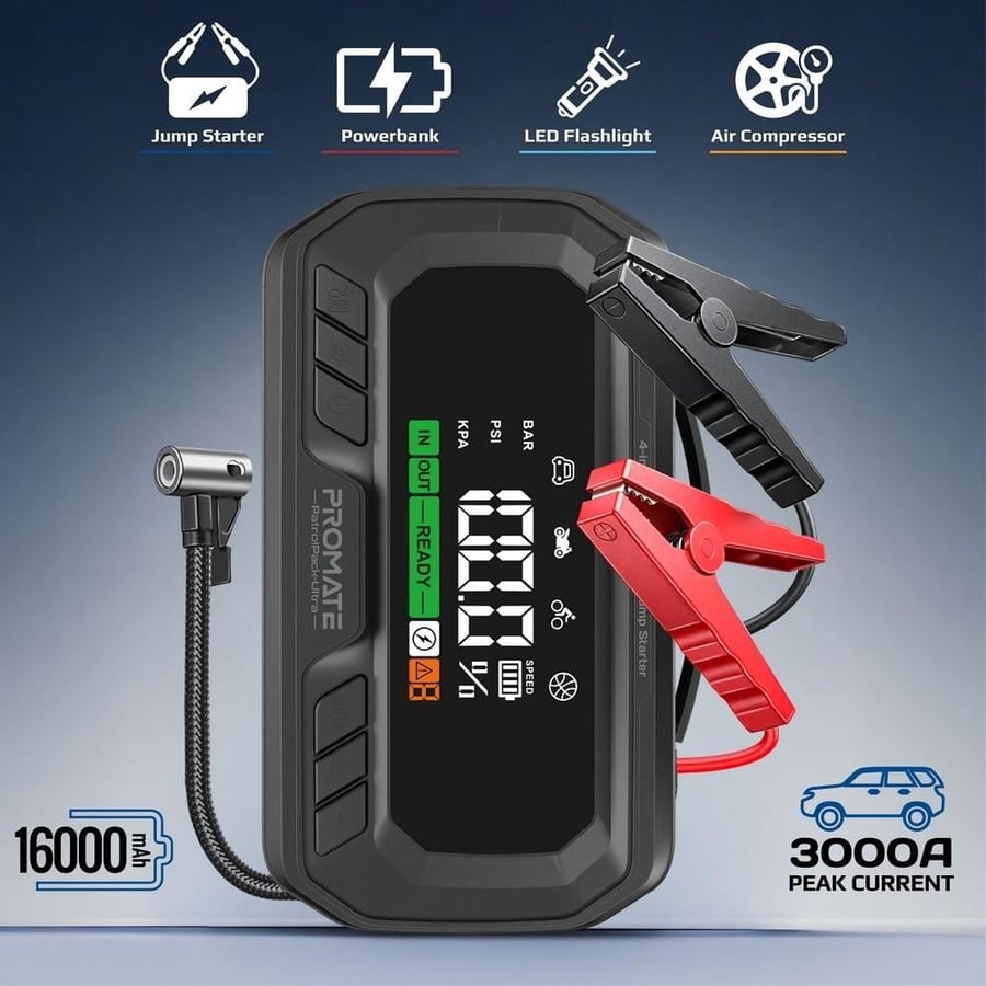 جهاز طوارئ متكامل للسيارة يجمع بين مشغل بطارية بقوة 3000 أمبير لتشغيل المركبات 12V، وضاغط هواء ذكي بقوة 150PSI مع إيقاف تلقائي للإطارات، وباور بنك 16000mAh بشحن سريع 65W، وشاشة LED كبيرة، وكشاف طوارئ متعدد الأوضاع ليمنحك الأمان والطاقة في كل رحلة
