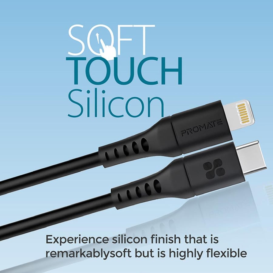 كابل شحن طاقة قوي بقوة 20 واط وتقنية USB-C إلى لايتينينغ لتجربة شحن لا مثيل لها. مصنوع من السيليكون بطول 2 متر، تم اختباره لتحمل عمر انحناء يزيد عن 25000 مما يضمن قوة ومتانة عالية . Promate PowerLink-200