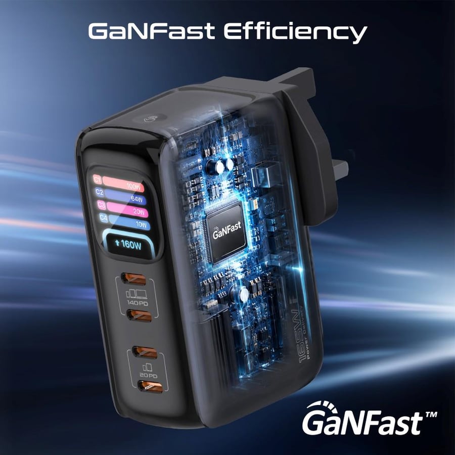 ⚡ شاحن جداري فائق القوة بتقنية GaNFast بقدرة 165 واط، مزود بـ 4 منافذ USB-C وشاشة TFT ذكية لعرض الطاقة لحظيًا، يدعم الشحن السريع حتى 140 واط للأجهزة عالية الأداء مثل اللابتوبات، مع توزيع ذكي للطاقة وشحن متزامن لعدة أجهزة بكفاءة وأمان استثنائيين. Prime-165