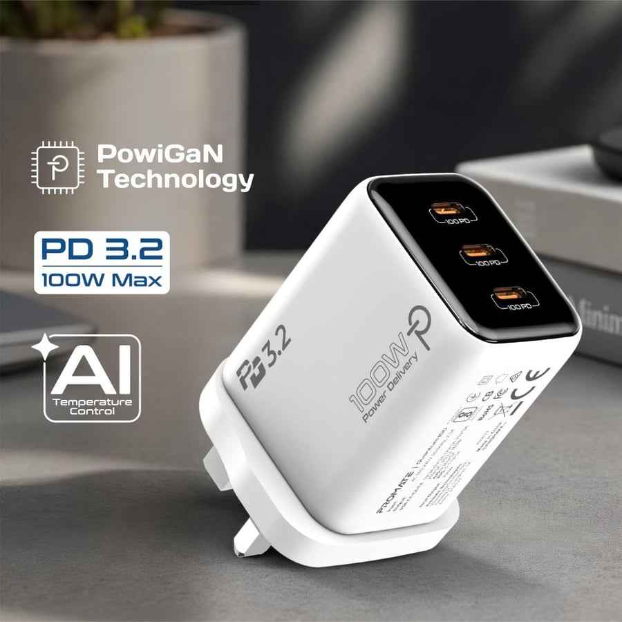 شاحن جداري فائق السرعة بتقنية GaN بقدرة 100 واط، مزود بـ 3 منافذ USB-C تدعم PD 3.2 وتقنيات PPS وAVS الذكية، مع نظام تحكم حراري متطور لضمان شحن آمن وفعال للابتوبات والأجهزة اللوحية والهواتف الذكية في جهاز واحد مدمج وسهل الحمل. Quantum-100