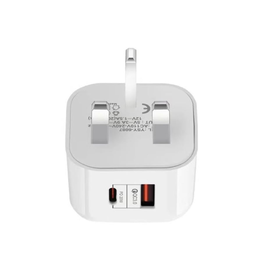 شاحن USB مزدوج المنافذ بقدرة 20 واط ومحول من النوع C (1A1C) لشحن سريع عبر مقبس الحائط