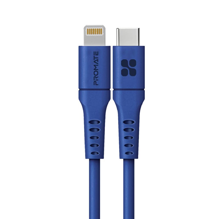 كابل شحن طاقة قوي بقوة 20 واط وتقنية USB-C إلى لايتينينغ لتجربة شحن لا مثيل لها. مصنوع من السيليكون بطول 2 متر، تم اختباره لتحمل عمر انحناء يزيد عن 25000 مما يضمن قوة ومتانة عالية . Promate PowerLink-200