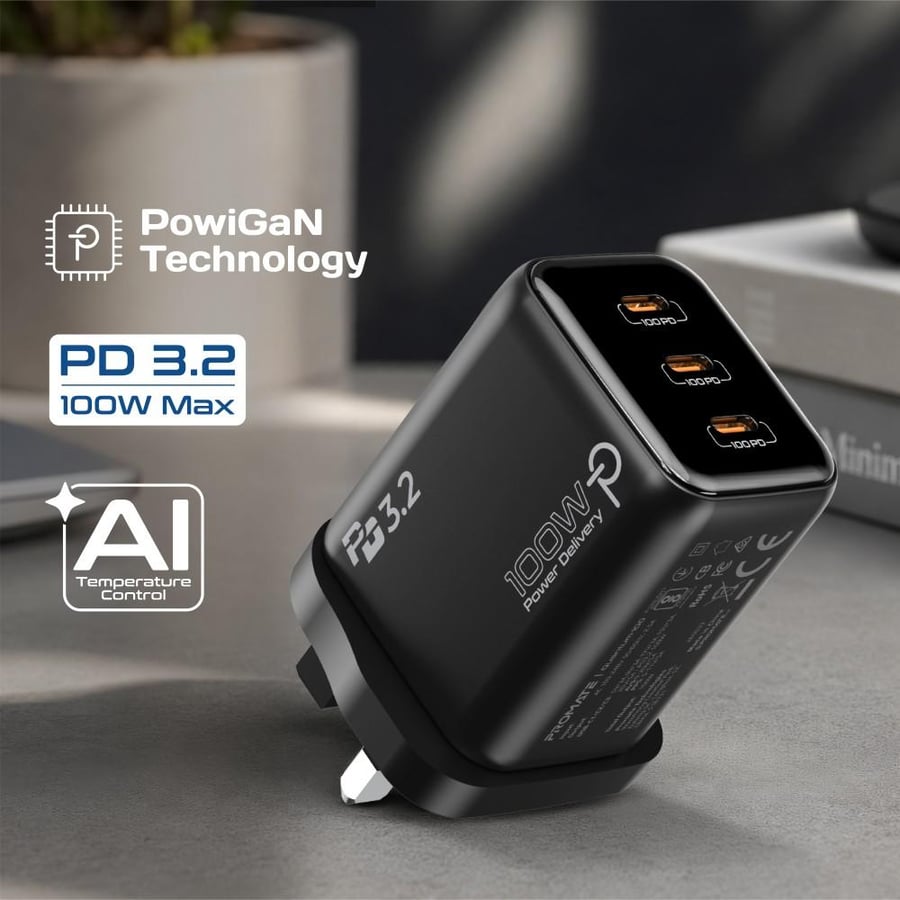 شاحن جداري فائق السرعة بتقنية GaN بقدرة 100 واط، مزود بـ 3 منافذ USB-C تدعم PD 3.2 وتقنيات PPS وAVS الذكية، مع نظام تحكم حراري متطور لضمان شحن آمن وفعال للابتوبات والأجهزة اللوحية والهواتف الذكية في جهاز واحد مدمج وسهل الحمل. Quantum-100