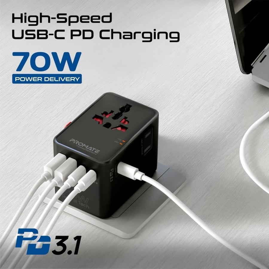 شاحن سفر عالمي بقوة 70 واط بتقنية GaN السريعة، مزود بـ 3 منافذ USB-C ومنفذين USB-A مع توافق عالمي لأكثر من 200 دولة، يدعم شحن اللابتوبات والهواتف والأجهزة الذكية بكفاءة عالية، مع أنظمة أمان متقدمة وتصميم مدمج مثالي للسفر والتنقل ️ TripMate-GaN70Pro