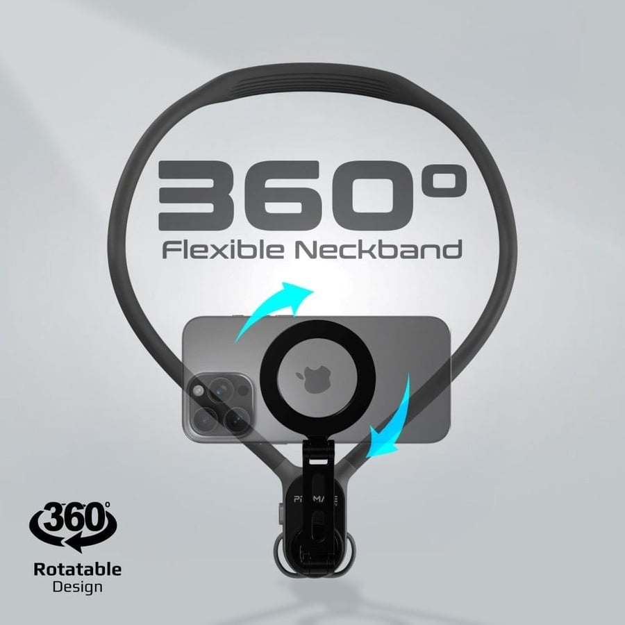 حامل هاتف مرن بزاوية دوران 360° لتجربة استخدام مريحة بدون الحاجة إلى اليدين، مثالي لتصوير Vlog وPOV والتقاط الصور. متوافق مع تقنية ماج سيف بثبات معزز بفضل مغناطيسات N52، يأتي مزودًا بحزام إضافي وحبل لتوفير راحة وأمان أكبر أثناء الاستخدام