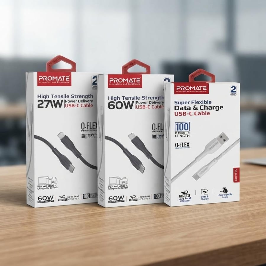 عرض ثلاثي من بروميت لكابلات USB-C (27W Power Delivery، 60W Power Delivery، و Super Flexible Data & Charge)