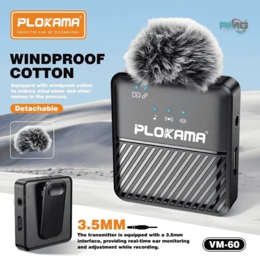 ميكروفون PLOKAMA VM-60 اللاسلكي - صوت نقي؛ خاصية تقليل الضوضاء؛ سهل الاستخدام للبث المباشر والتصوير مع بطارية 200 مللي أمبير