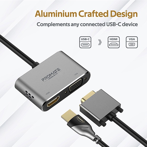 أفضل محول شاشة USB-C عالي الوضوح يدعم الفيديو HDMI بدقة 4K مع دعم VGA بدقة 1080 بكسل وسهولة التوصيل والتشغيل من بروميت - Promate MediaHub-C2