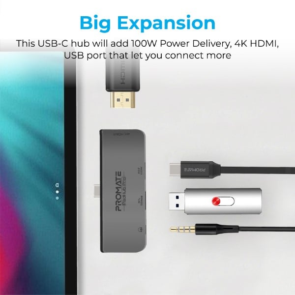 موزع وسائط متعددة USB-C يو اس بي سي 4 في 1 بقدرة 100 واط  لتوصيل الطاقة ومنفذ HDMI بدقة 4K مع منفذ USB 3.0 بسرعة 5 جيجابت في الثانية مع دعم التوصيل والتشغيل  - بروميت - Promate PadHub-Pro