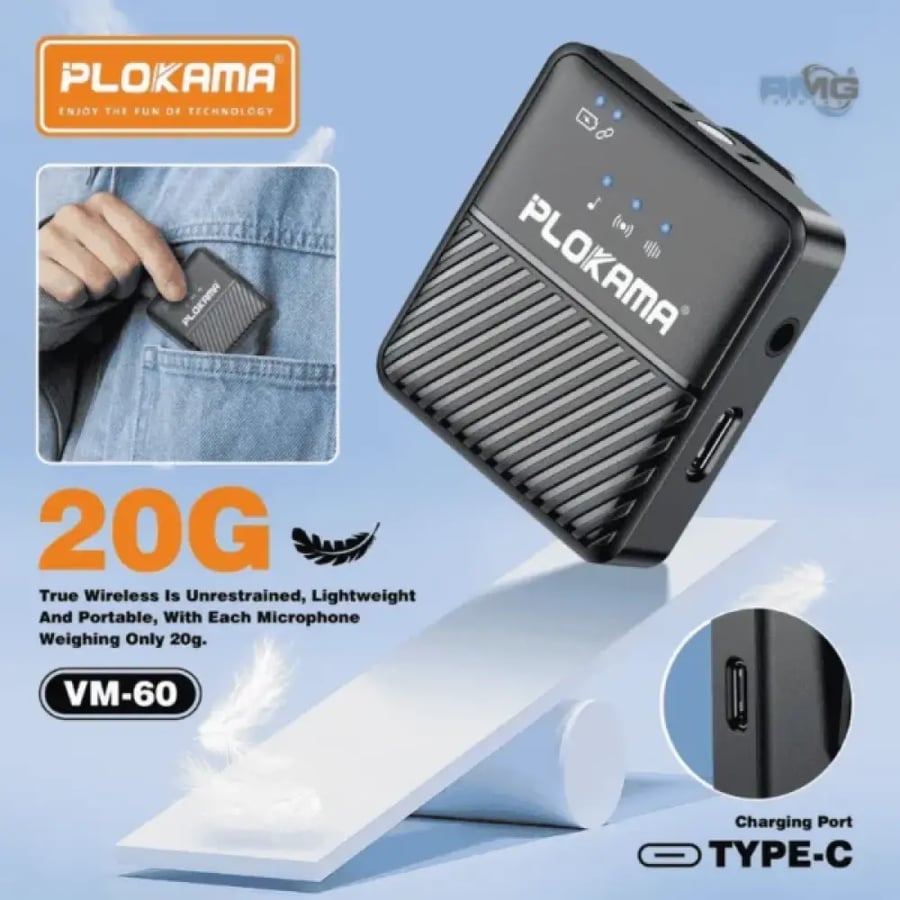 ميكروفون PLOKAMA VM-60 اللاسلكي - صوت نقي؛ خاصية تقليل الضوضاء؛ سهل الاستخدام للبث المباشر والتصوير مع بطارية 200 مللي أمبير