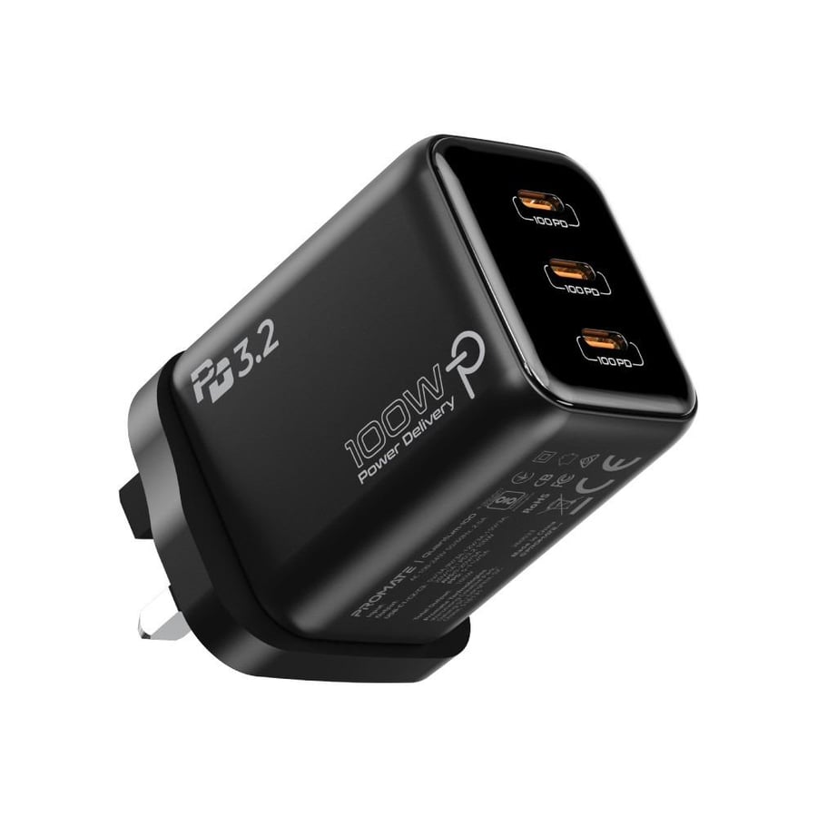 شاحن جداري فائق السرعة بتقنية GaN بقدرة 100 واط، مزود بـ 3 منافذ USB-C تدعم PD 3.2 وتقنيات PPS وAVS الذكية، مع نظام تحكم حراري متطور لضمان شحن آمن وفعال للابتوبات والأجهزة اللوحية والهواتف الذكية في جهاز واحد مدمج وسهل الحمل. Quantum-100