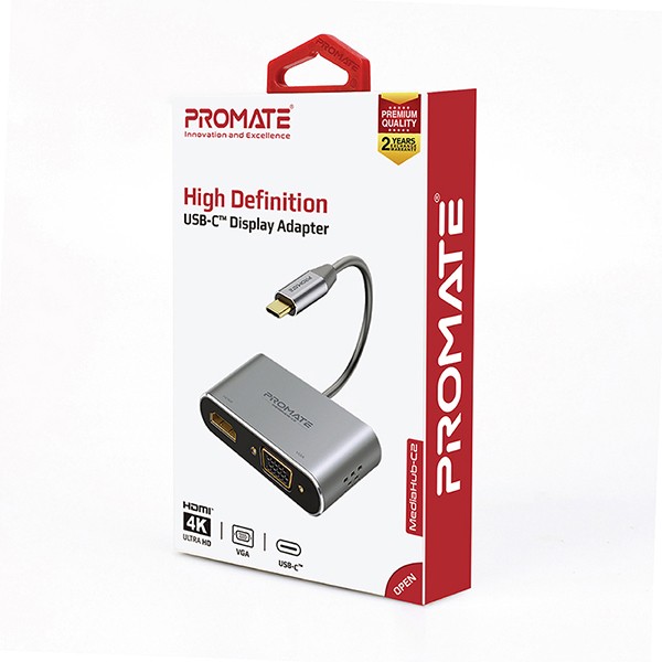 أفضل محول شاشة USB-C عالي الوضوح يدعم الفيديو HDMI بدقة 4K مع دعم VGA بدقة 1080 بكسل وسهولة التوصيل والتشغيل من بروميت - Promate MediaHub-C2
